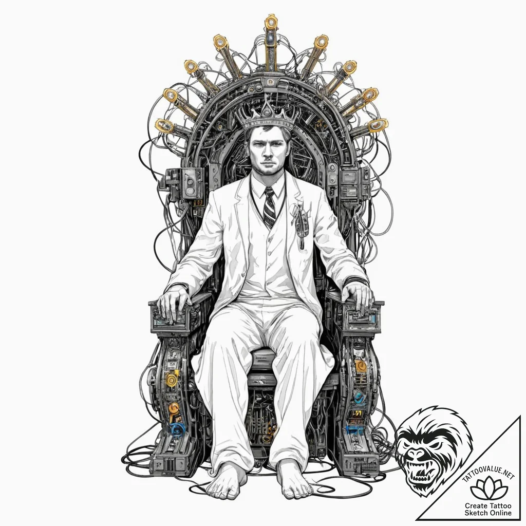 Tattoo sketch, king of bytes, a stylized huma... - tattoo sketch (№1752425664_0, 13.07.2025 16:54) — tattoovalue.net