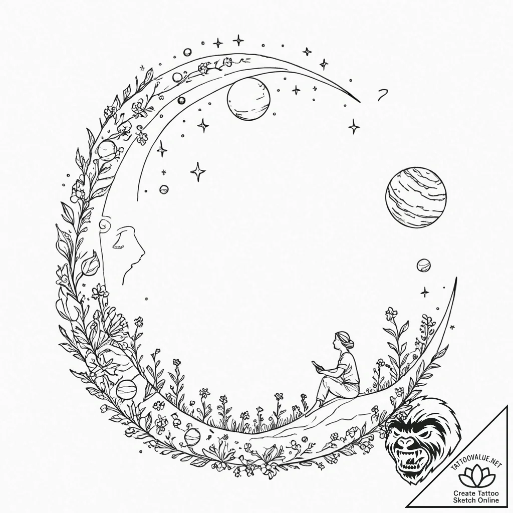 Tattoo sketch, cosmic gardener: a figure tend... - tattoo sketch (№1752425747_0, 13.07.2025 16:55) — tattoovalue.net