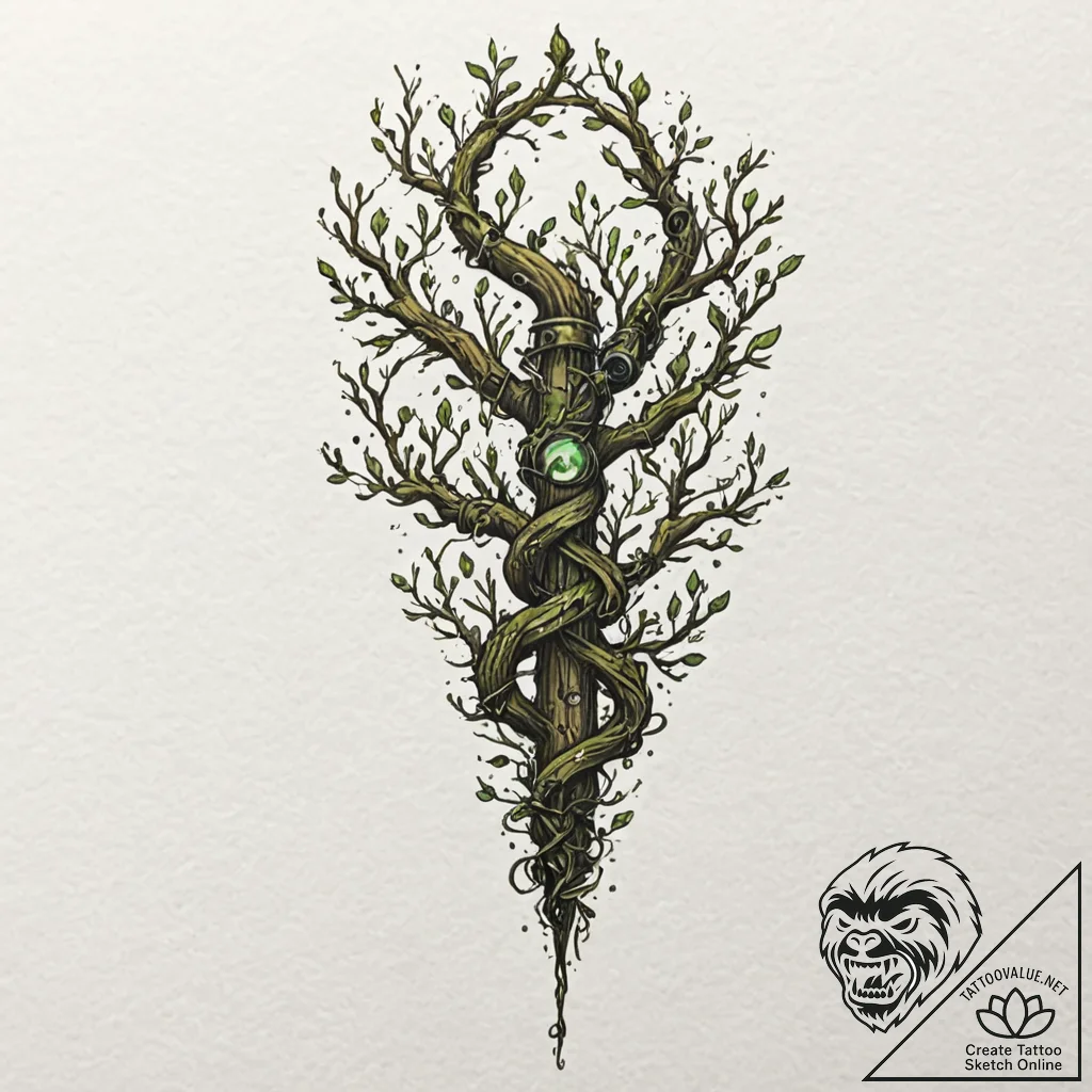 Tattoo sketch, urban druid's staff, a gnarled... - tattoo sketch (№1752428170_0, 13.07.2025 17:36) — tattoovalue.net