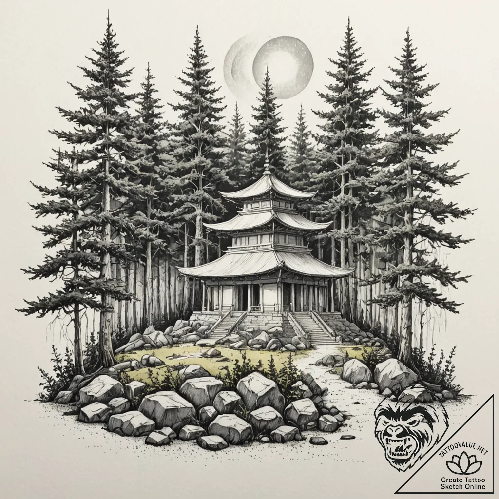 Tattoo sketch, tranquil tech temple, a serene... - tattoo sketch (№1752428691_0, 13.07.2025 17:44) — tattoovalue.net