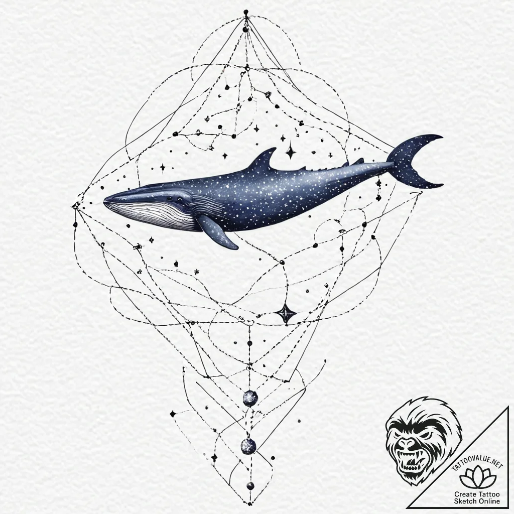 Tattoo sketch, blue whale swimming through a... - tattoo sketch (№1752429635_0, 13.07.2025 18:00) — tattoovalue.net