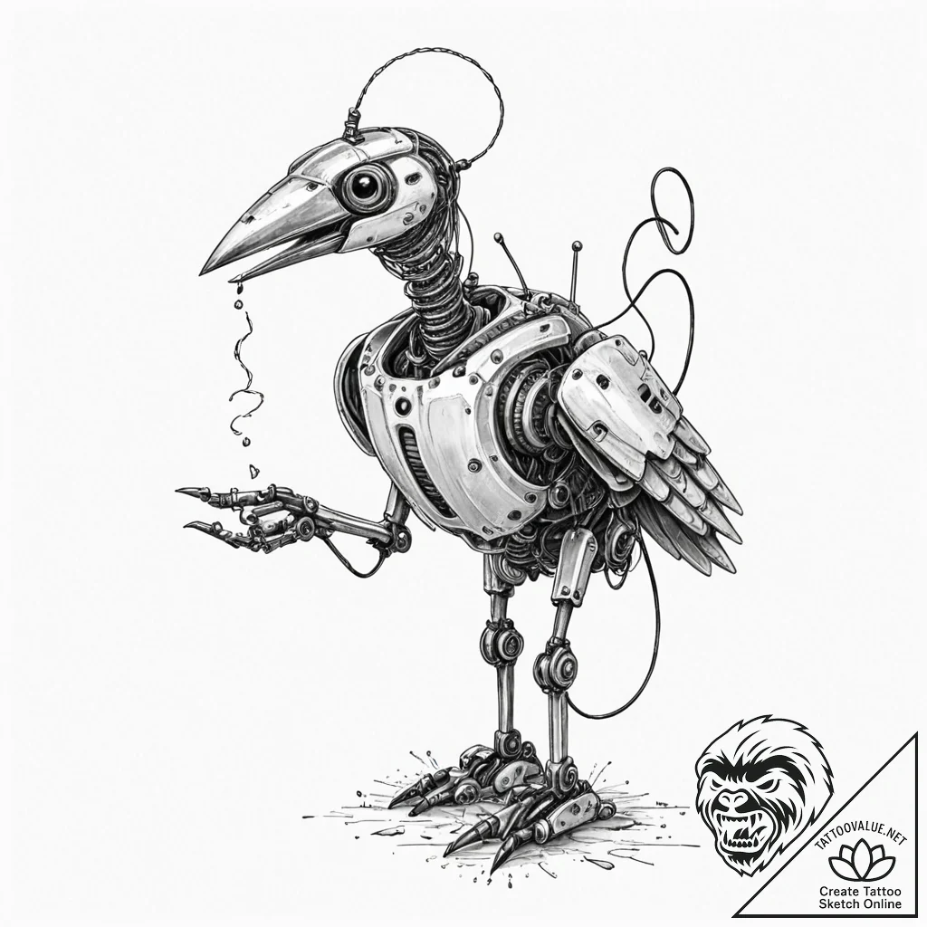 Tattoo sketch, robotic bird, singing code, a... - tattoo sketch (№1752430585_0, 13.07.2025 18:16) — tattoovalue.net