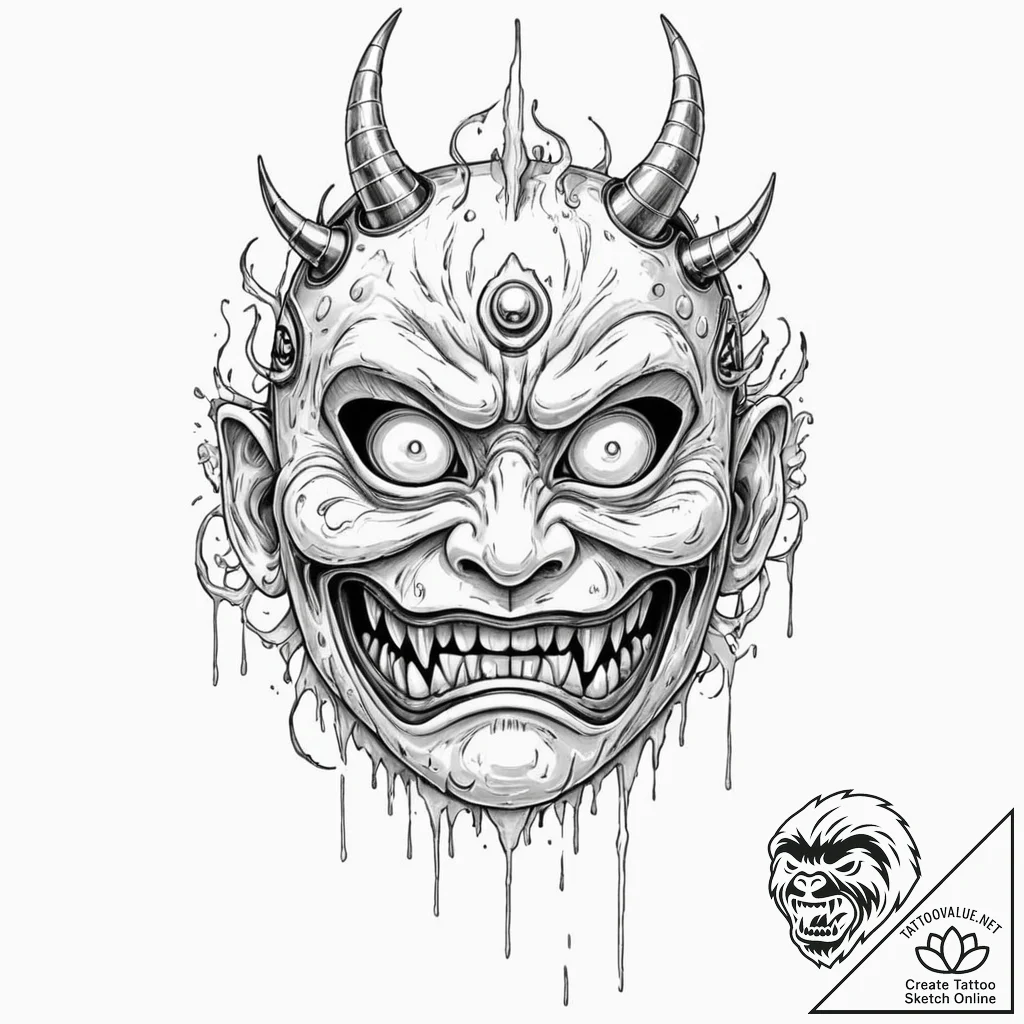 Tattoo sketch, yokai mask, ai glitch, a tradi... - tattoo sketch (№1752430930_0, 13.07.2025 18:22) — tattoovalue.net