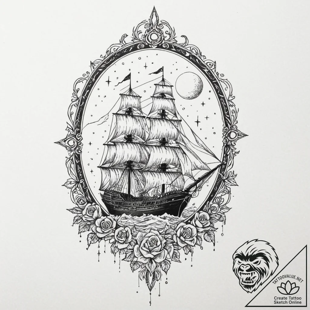 Tattoo sketch, glimmering ghost ship, a spect... - tattoo sketch (№1752431364_0, 13.07.2025 18:29) — tattoovalue.net