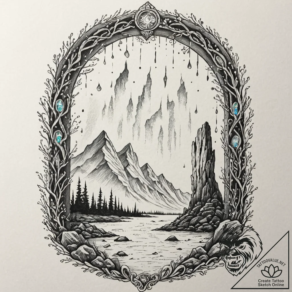 Tattoo sketch, mystical gateway, northern lig... - tattoo sketch (№1752431537_0, 13.07.2025 18:32) — tattoovalue.net