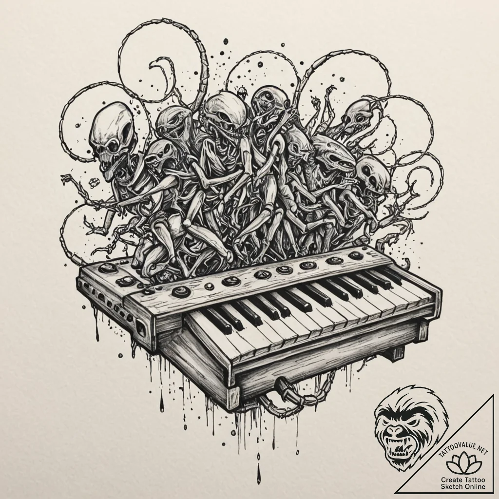 Tattoo sketch, xenomorphic xylophone harmony,... - tattoo sketch (№1752431709_0, 13.07.2025 18:35) — tattoovalue.net