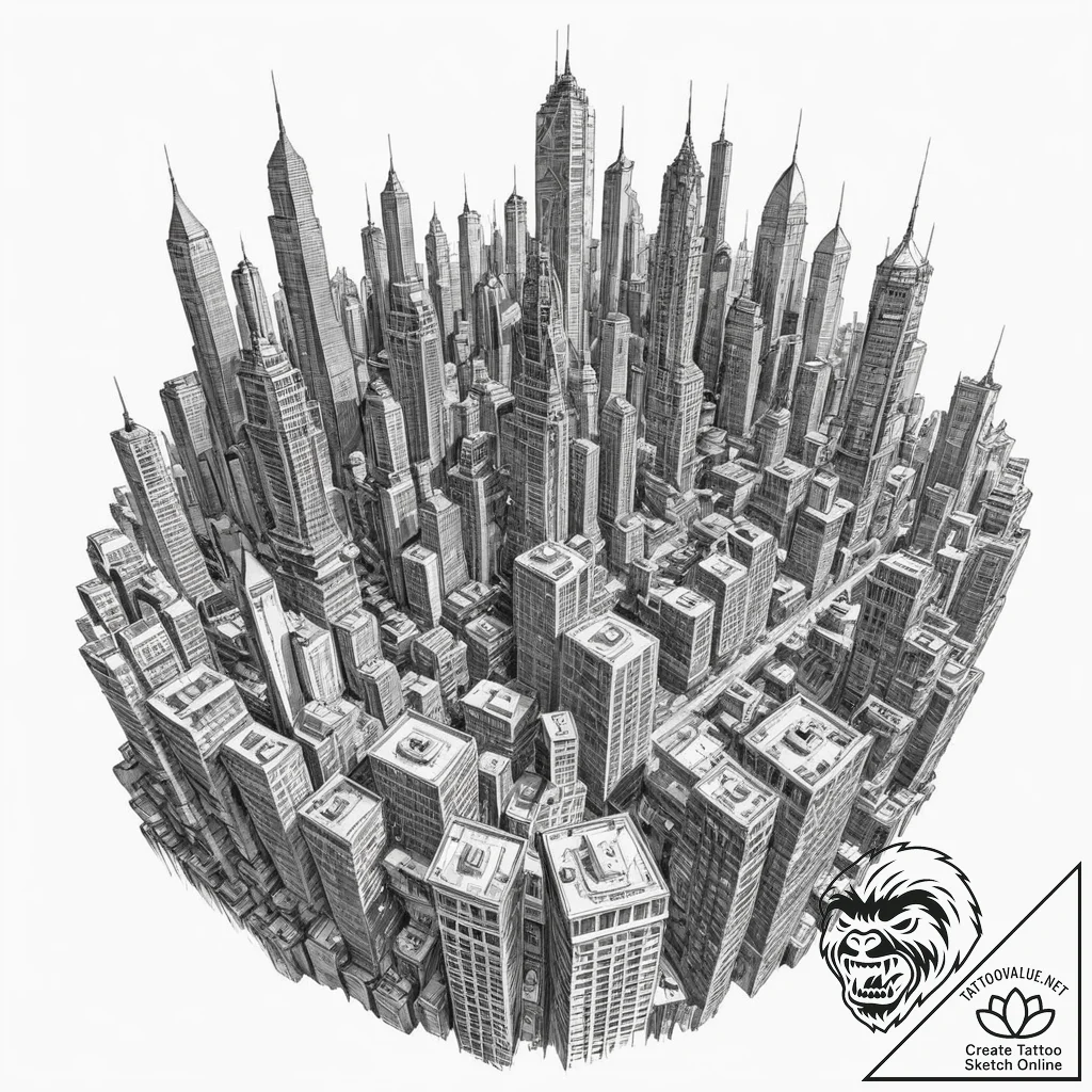 Tattoo sketch, zenith view, digital cityscape... - tattoo sketch (№1752432139_0, 13.07.2025 18:42) — tattoovalue.net