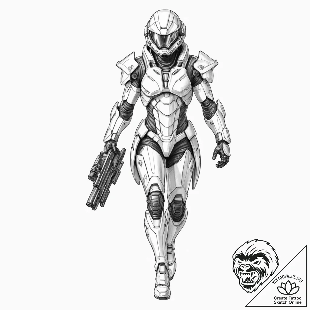 Tattoo sketch, andromeda in futuristic combat... - tattoo sketch (№1752432224_0, 13.07.2025 18:43) — tattoovalue.net