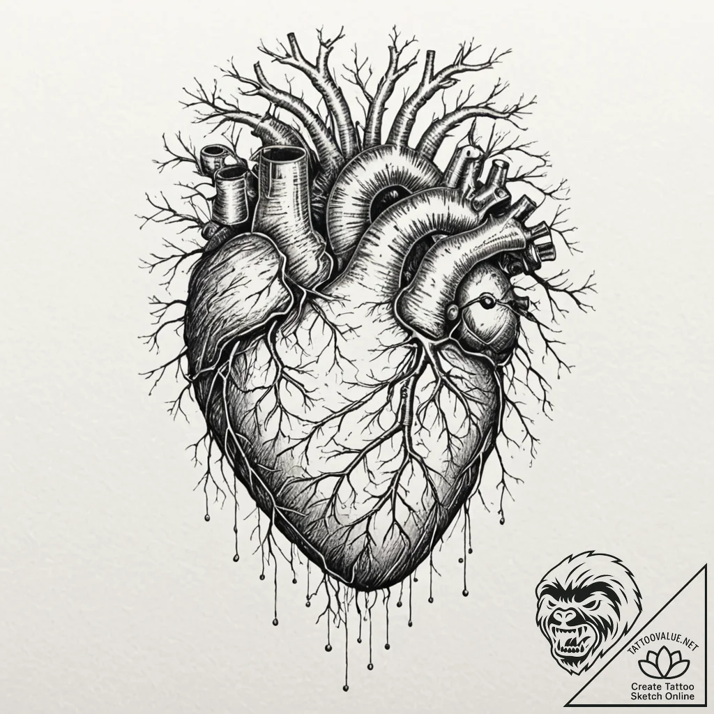Tattoo sketch, organic circuit heart, a human... - tattoo sketch (№1752432567_0, 13.07.2025 18:49) — tattoovalue.net