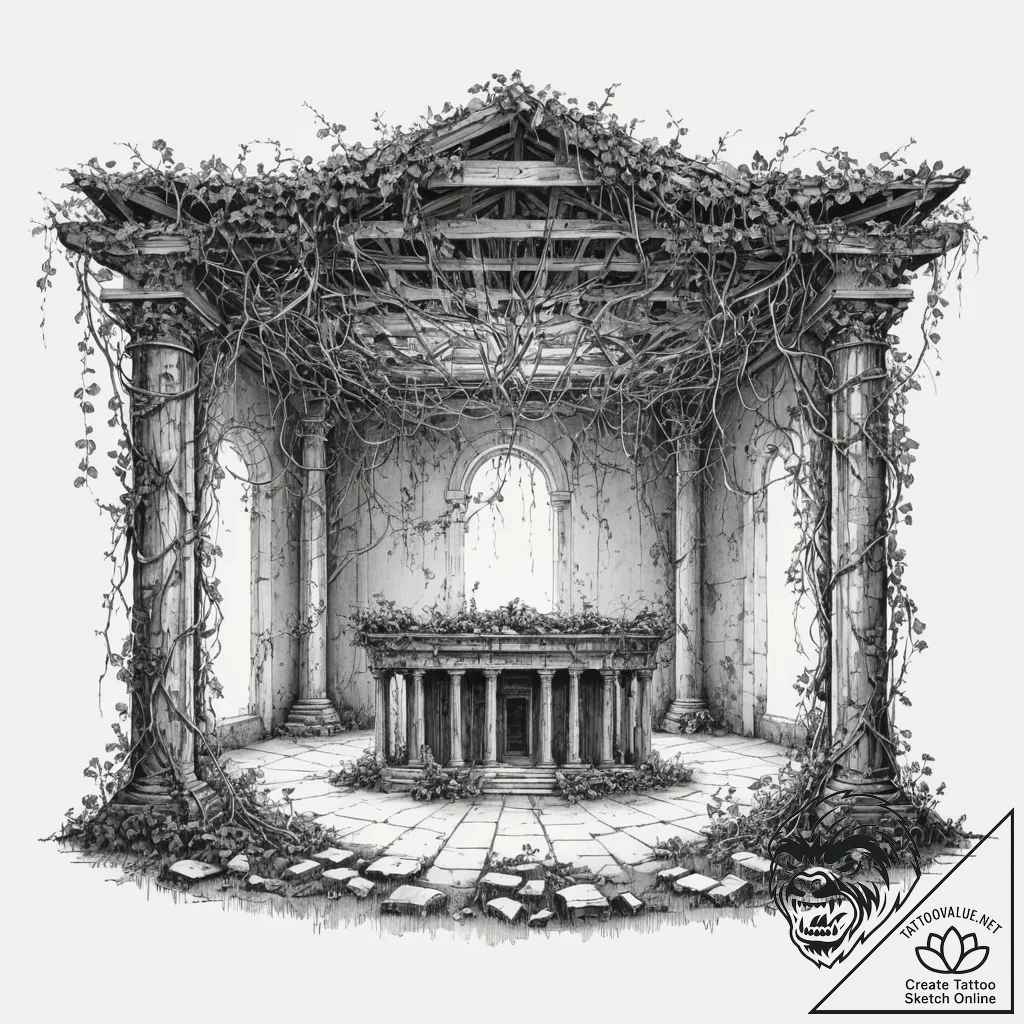 Tattoo sketch, reclaimed data temple, an anci... - tattoo sketch (№1752432657_0, 13.07.2025 18:50) — tattoovalue.net