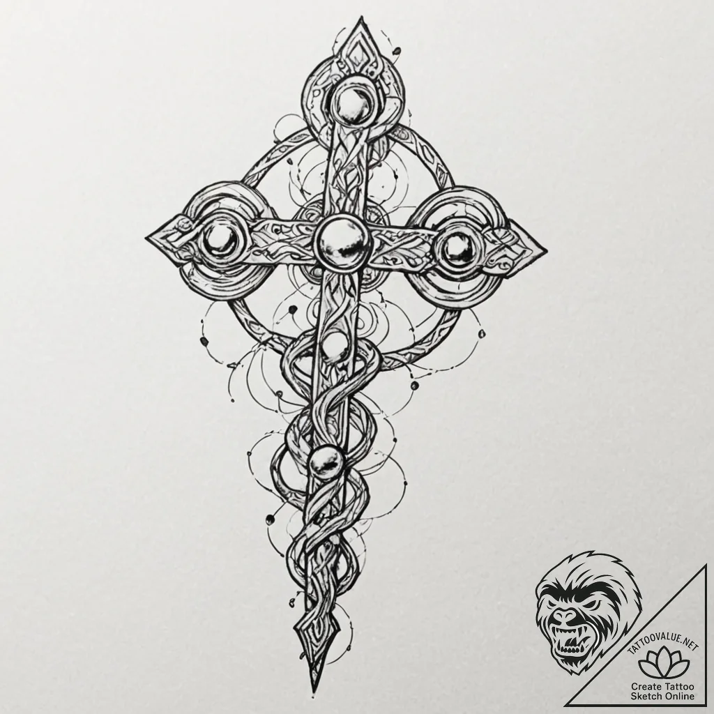 Tattoo sketch, shamanic staff, data totems, a... - tattoo sketch (№1752433087_0, 13.07.2025 18:58) — tattoovalue.net