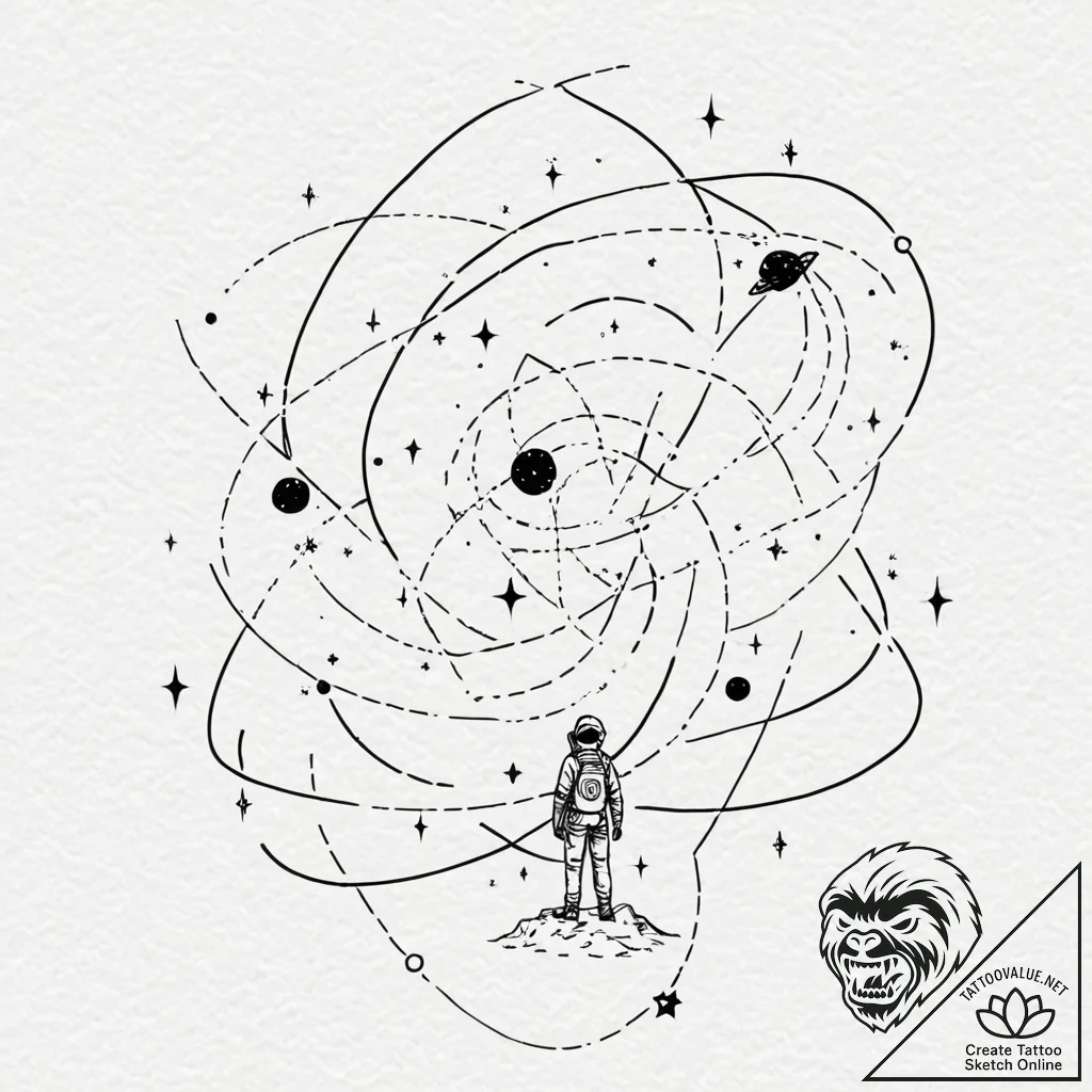 Tattoo sketch, exhausted explorer, cosmic map... - tattoo sketch (№1752433175_0, 13.07.2025 18:59) — tattoovalue.net