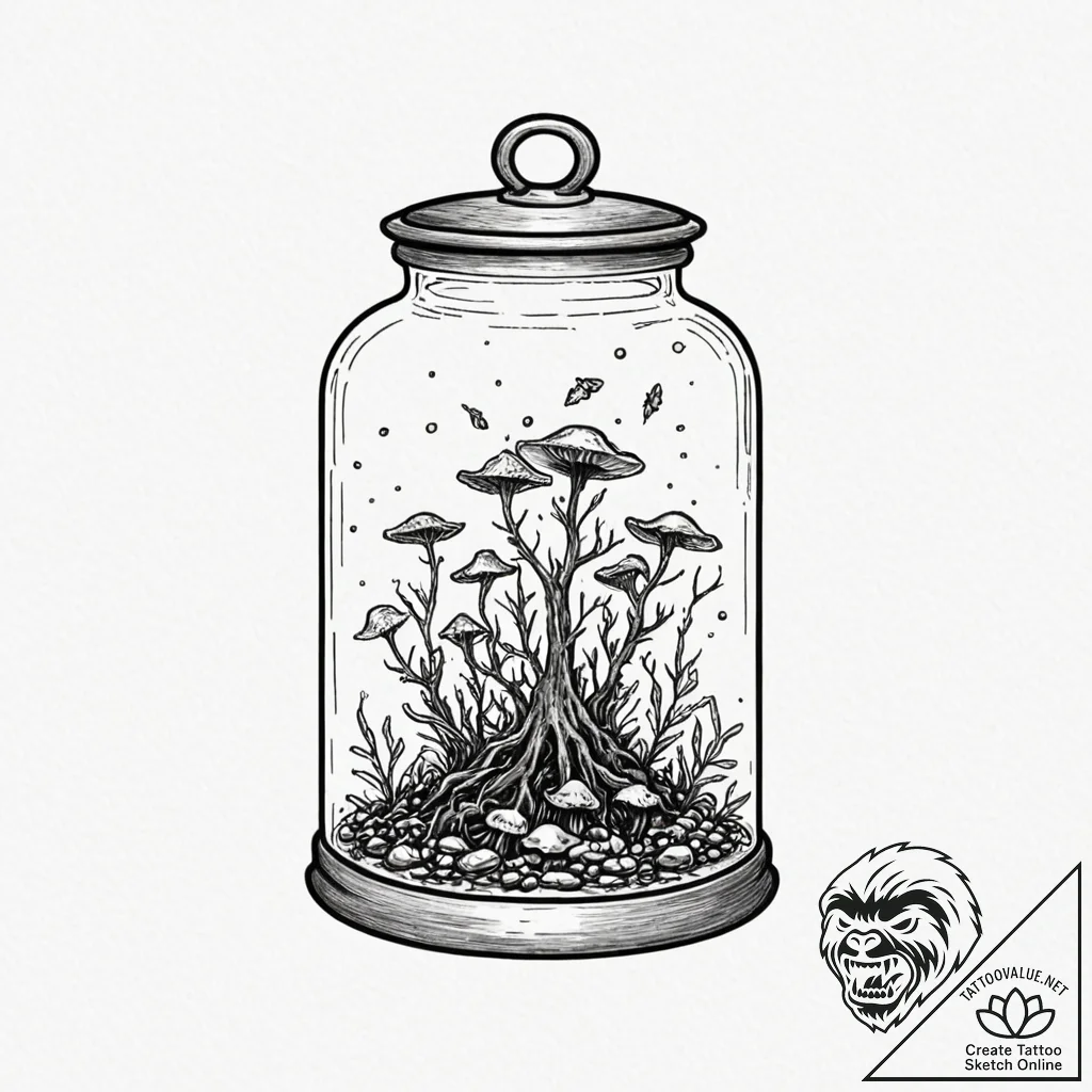 Tattoo sketch, bell jar containing a tiny, se... - tattoo sketch (№1752433688_0, 13.07.2025 19:08) — tattoovalue.net