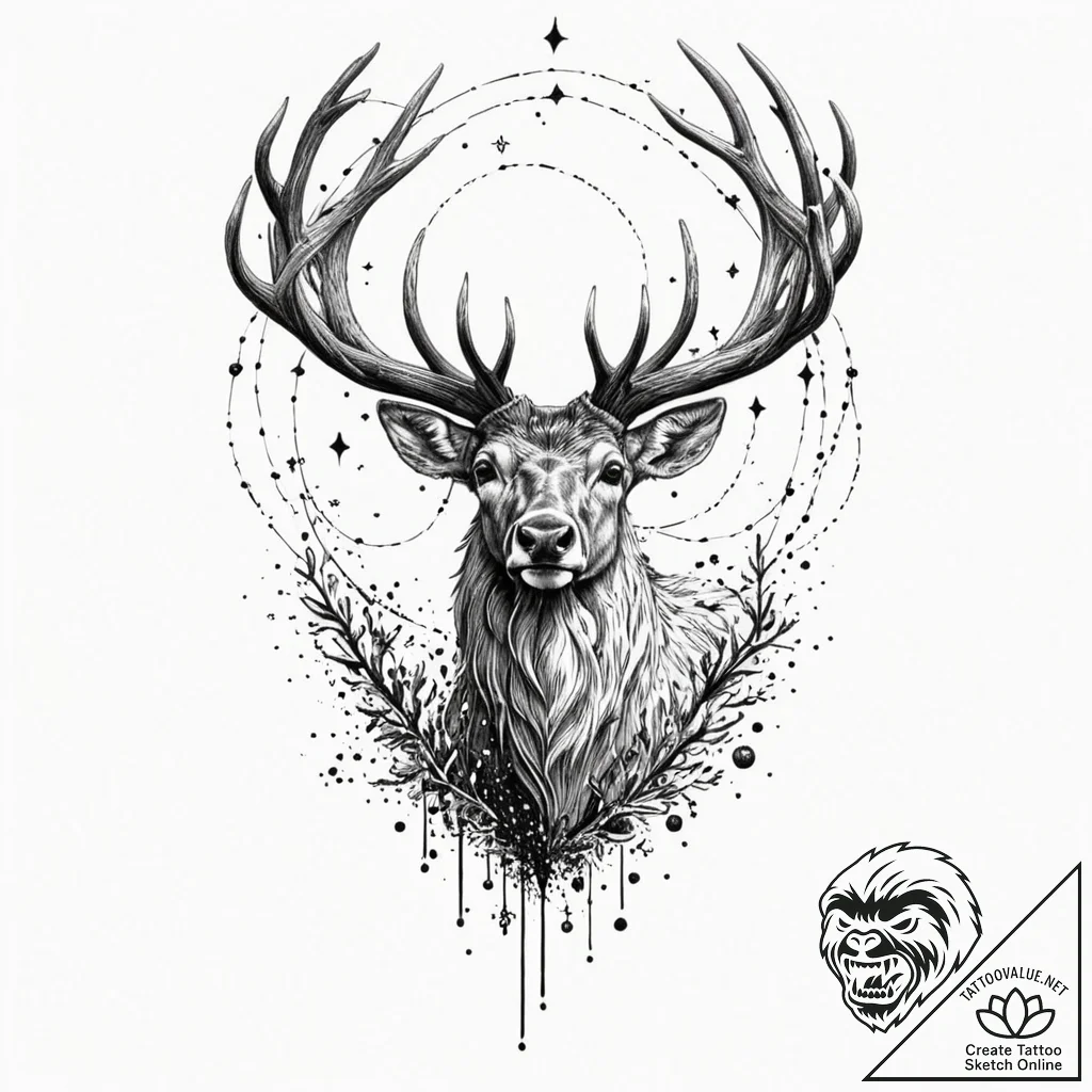 Tattoo sketch, leaping stag, cosmic antlers,... - tattoo sketch (№1752434211_0, 13.07.2025 19:16) — tattoovalue.net