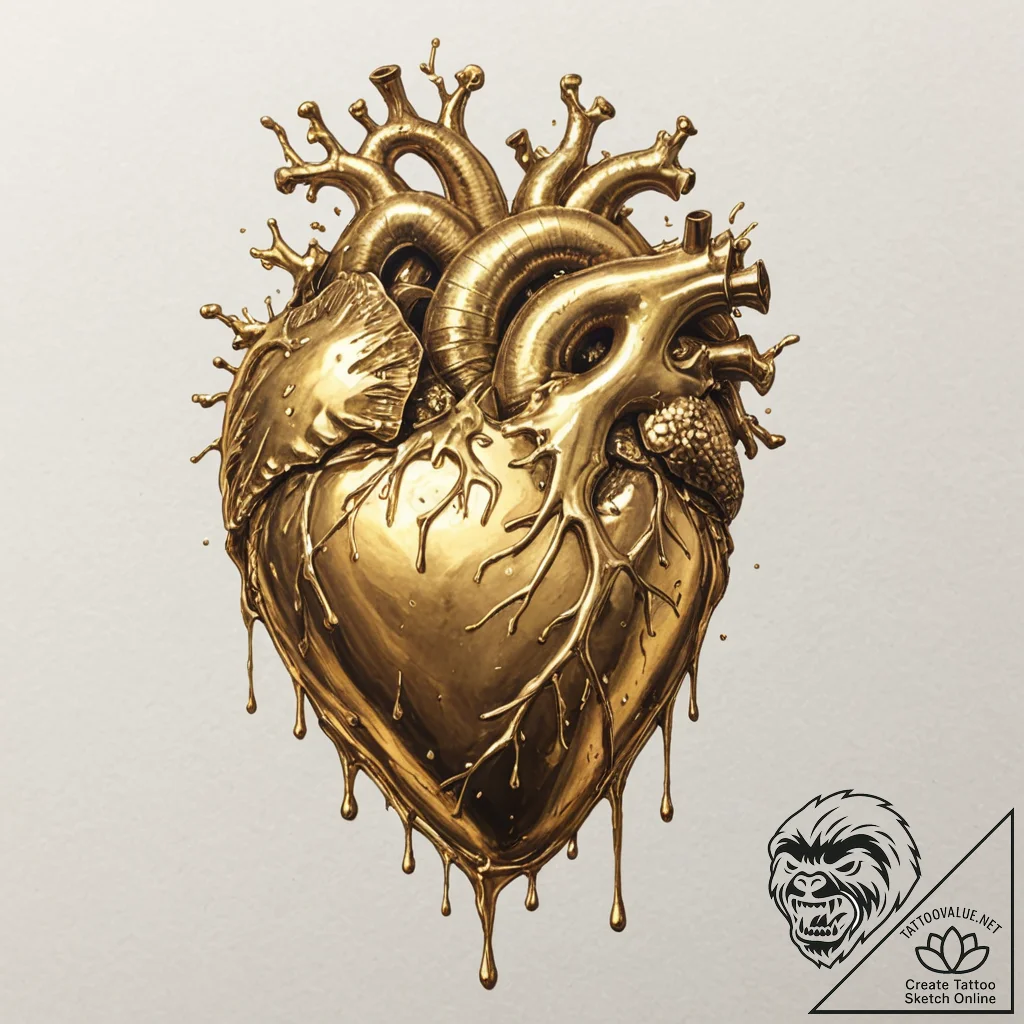 Tattoo sketch, molten gold heart, solidifying... - tattoo sketch (№1752435164_0, 13.07.2025 19:32) — tattoovalue.net