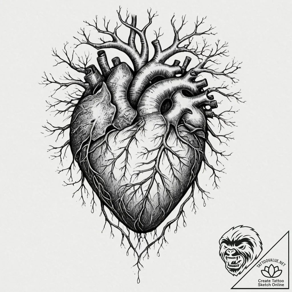 Tattoo sketch, radiant heart, branching pathw... - tattoo sketch (№1752435338_0, 13.07.2025 19:35) — tattoovalue.net
