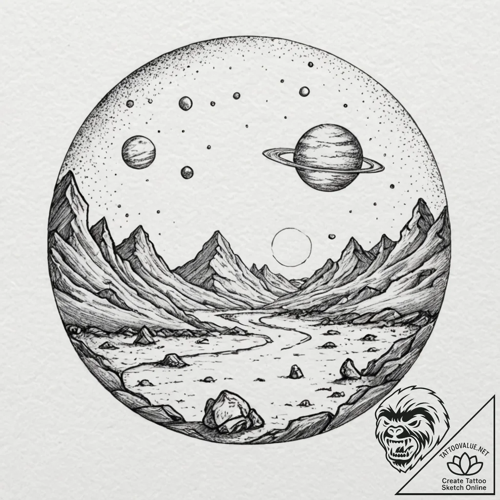 Tattoo sketch, unknown planet's echo chamber,... - tattoo sketch (№1752435949_0, 13.07.2025 19:45) — tattoovalue.net