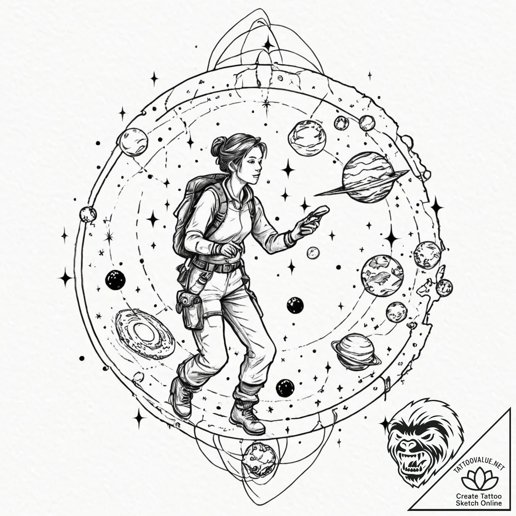 Tattoo sketch, exhausted explorer, cosmic map... - tattoo sketch (№1752436383_0, 13.07.2025 19:53) — tattoovalue.net