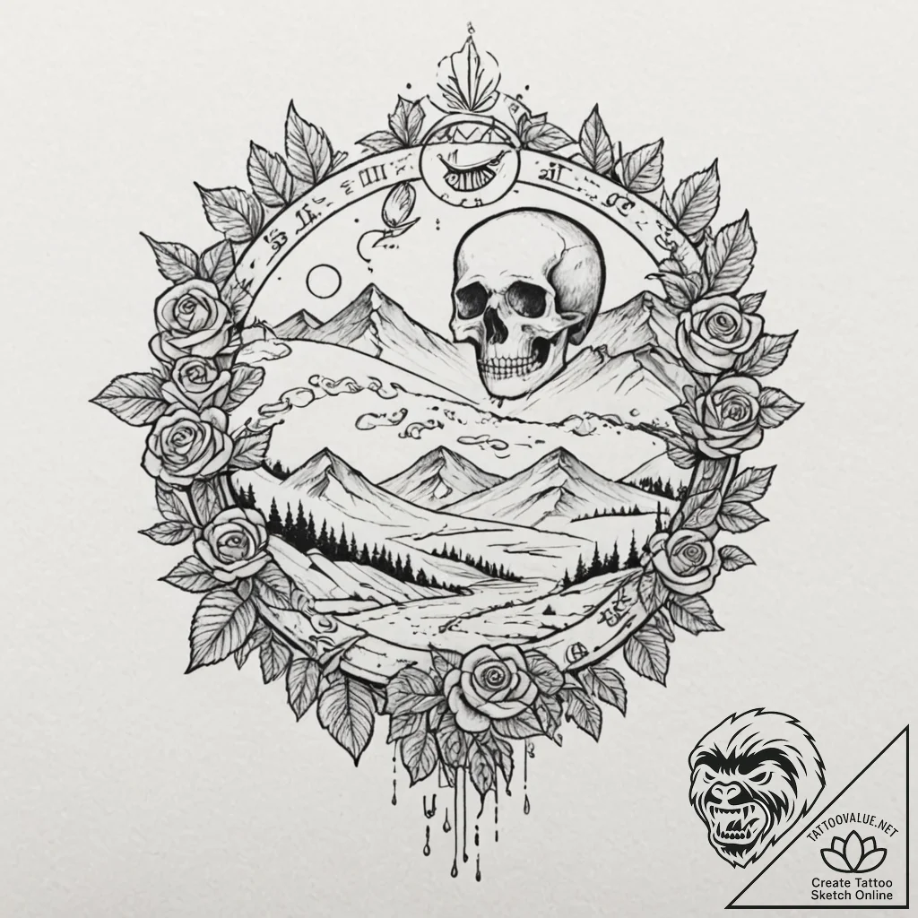 Tattoo sketch, landscape of linguistic flow,... - tattoo sketch (№1752436734_0, 13.07.2025 19:58) — tattoovalue.net
