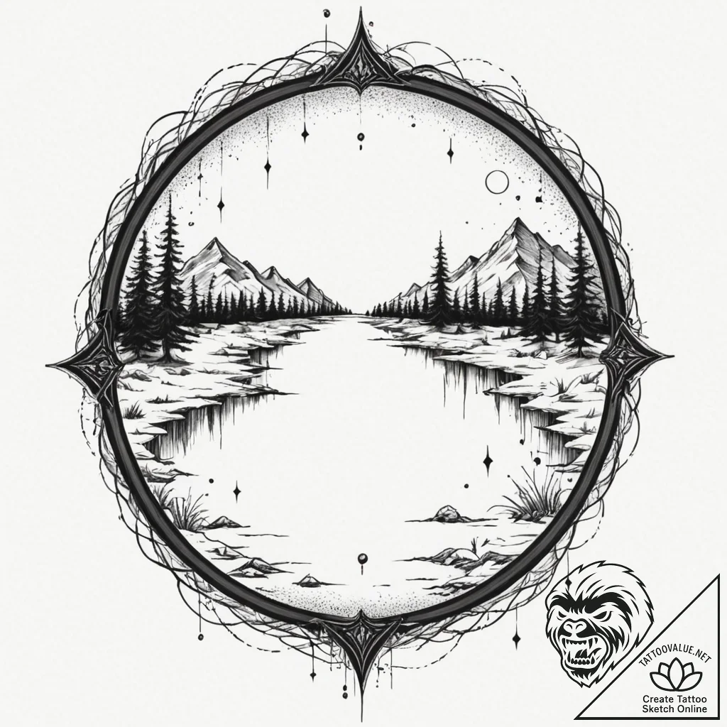 Tattoo sketch, broken mirror reflecting a dis... - tattoo sketch (№1752436820_0, 13.07.2025 20:00) — tattoovalue.net