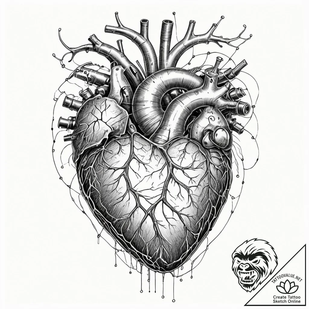 Tattoo sketch, transhuman heart, growing circ... - tattoo sketch (№1752436906_0, 13.07.2025 20:01) — tattoovalue.net