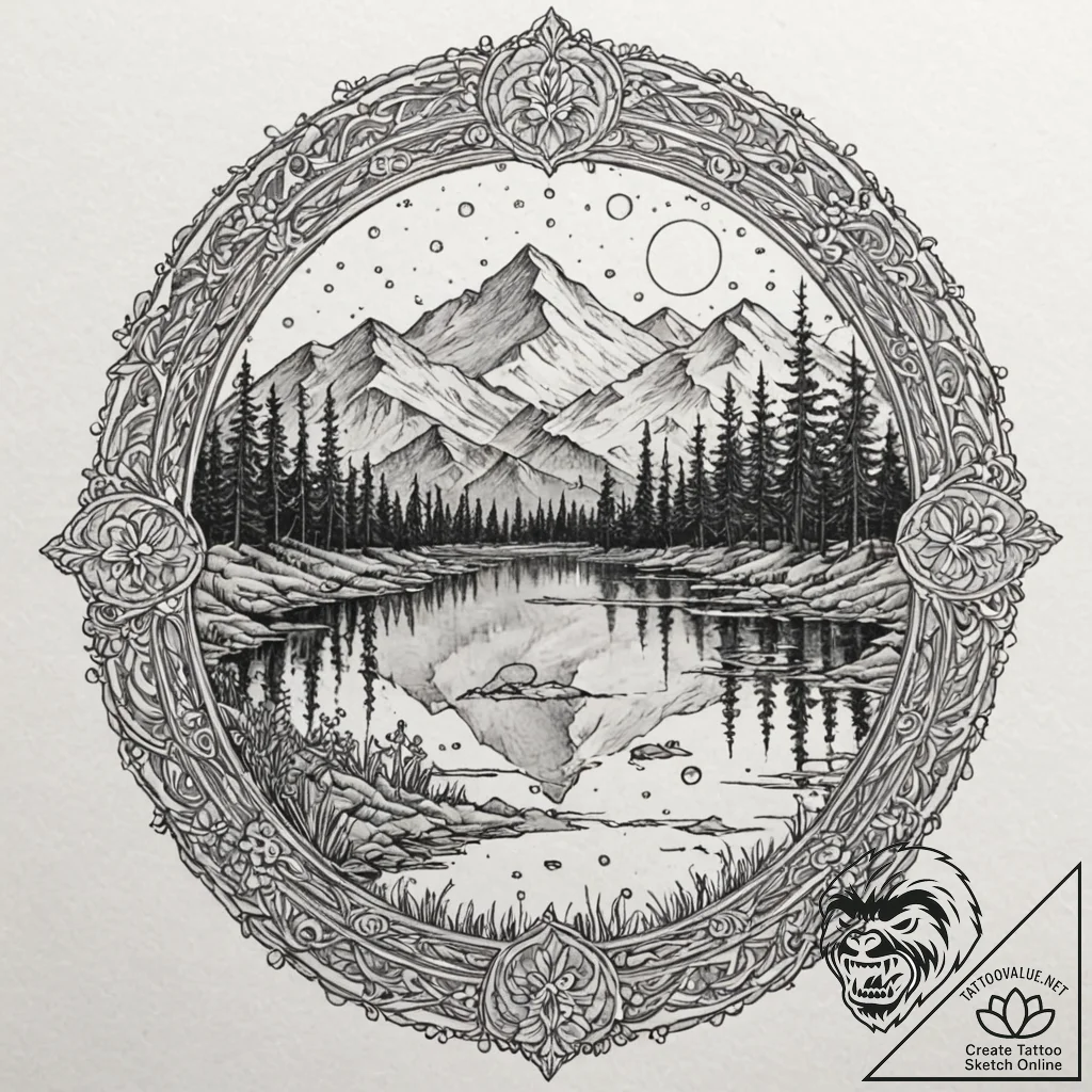 **tattoo sketch, valley of quiet reflections... - tattoo sketch (№1752438119_0, 13.07.2025 20:21) — tattoovalue.net