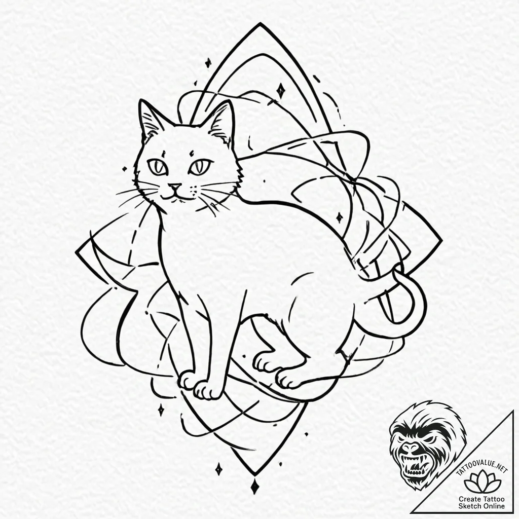 Tattoo sketch, quantum cat, shifting reality,... - tattoo sketch (№1752438810_0, 13.07.2025 20:33) — tattoovalue.net
