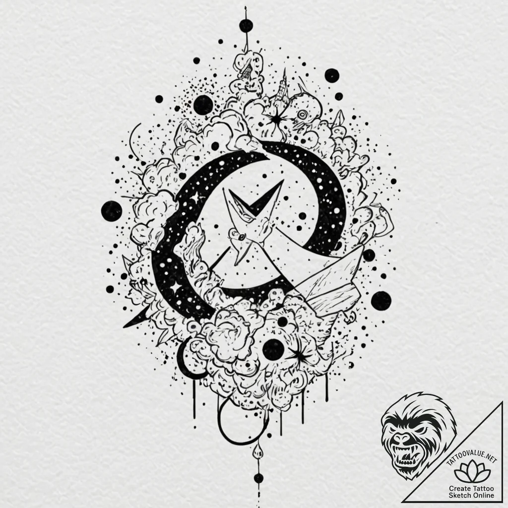 Tattoo sketch, ink splatter cosmos, a dynamic... - tattoo sketch (№1752439674_0, 13.07.2025 20:47) — tattoovalue.net