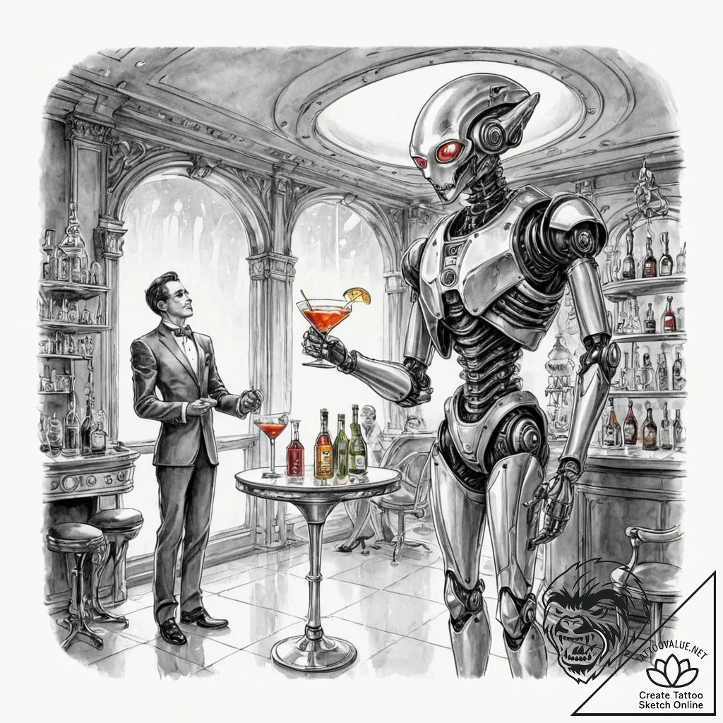 Tattoo sketch, baroque-style robot butler ser... - tattoo sketch (№1752440486_0, 13.07.2025 21:01) — tattoovalue.net