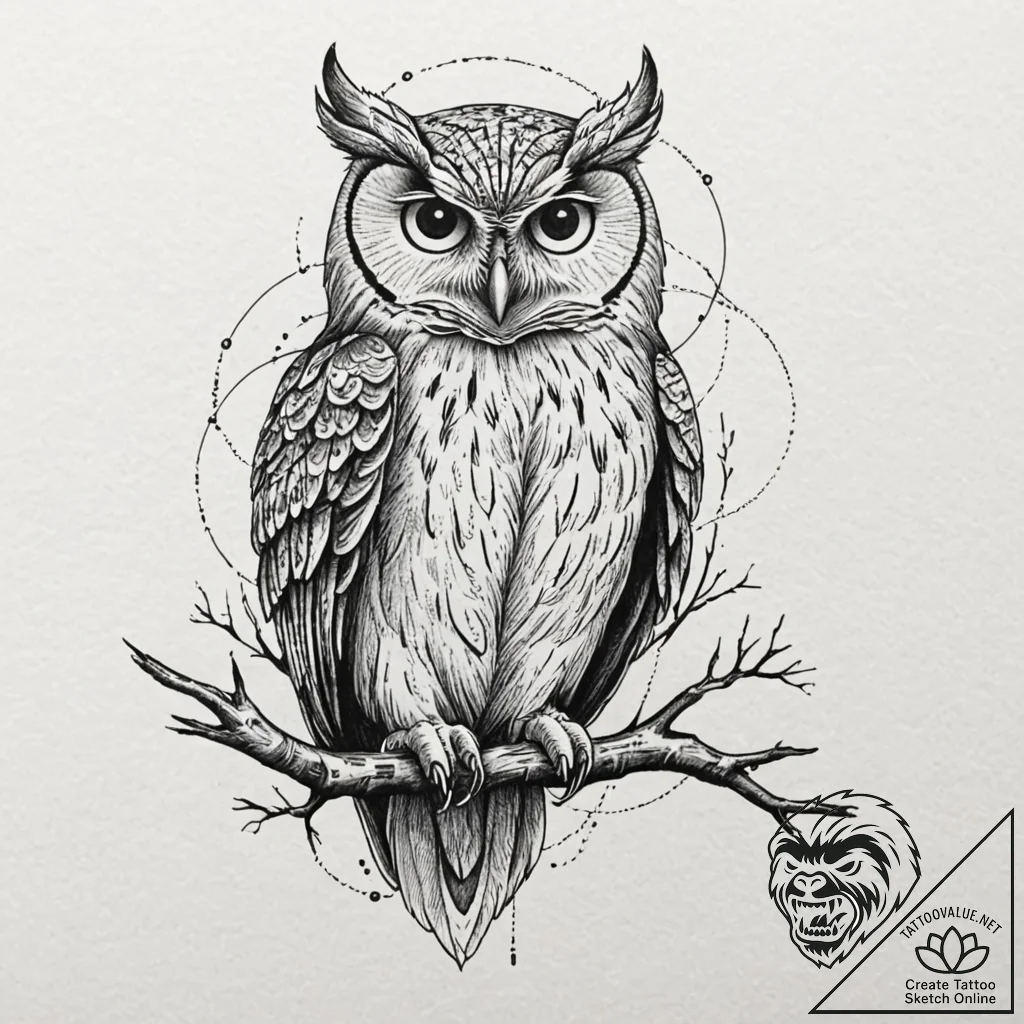 Tattoo sketch, owl of ancient code, a wise, m... - tattoo sketch (№1752441510_0, 13.07.2025 21:18) — tattoovalue.net