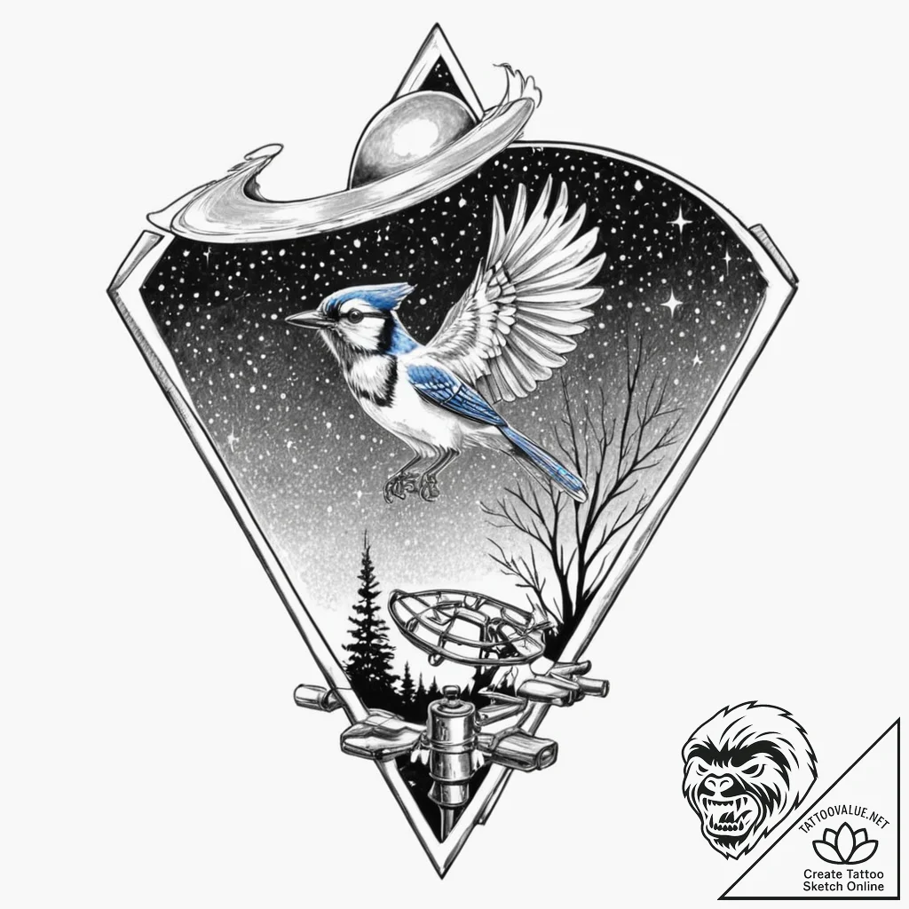 Tattoo sketch, blue jay perched on a rusted,... - tattoo sketch (№1752441762_0, 13.07.2025 21:22) — tattoovalue.net