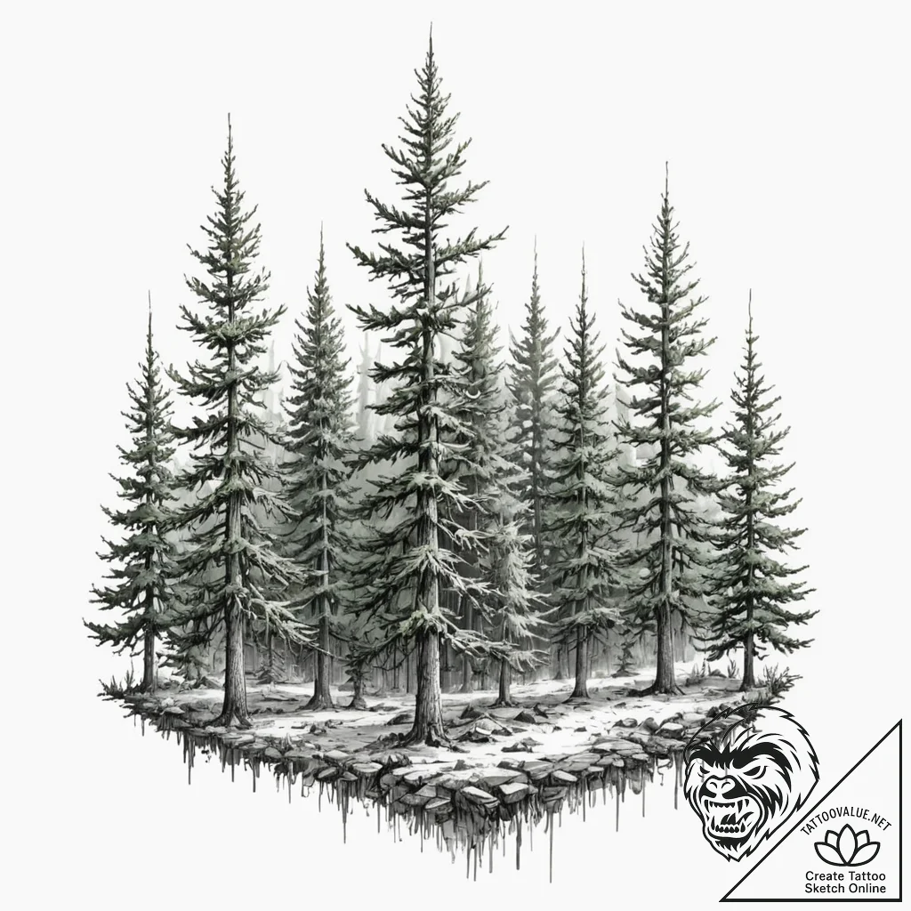 Tattoo sketch, pixelated pine forest, a seren... - tattoo sketch (№1752441846_0, 13.07.2025 21:24) — tattoovalue.net