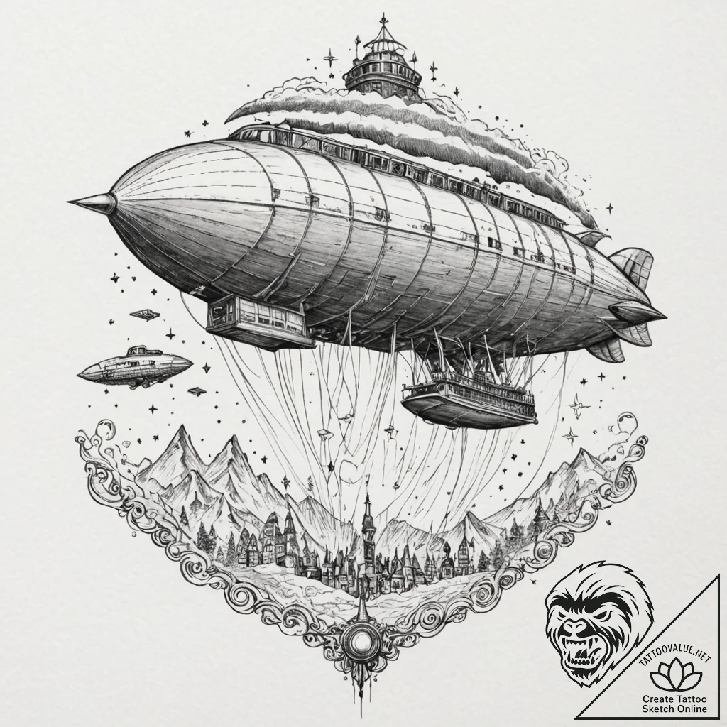 Tattoo sketch, zeppelin fleet, aurora-lit ski... - tattoo sketch (№1752442269_0, 13.07.2025 21:31) — tattoovalue.net