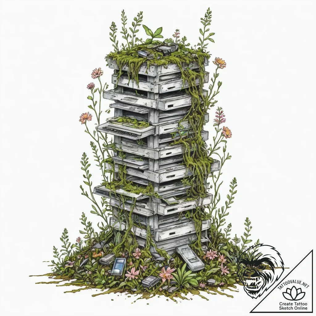 Tattoo sketch, organic overgrowth on obsolete... - tattoo sketch (№1752442355_0, 13.07.2025 21:32) — tattoovalue.net