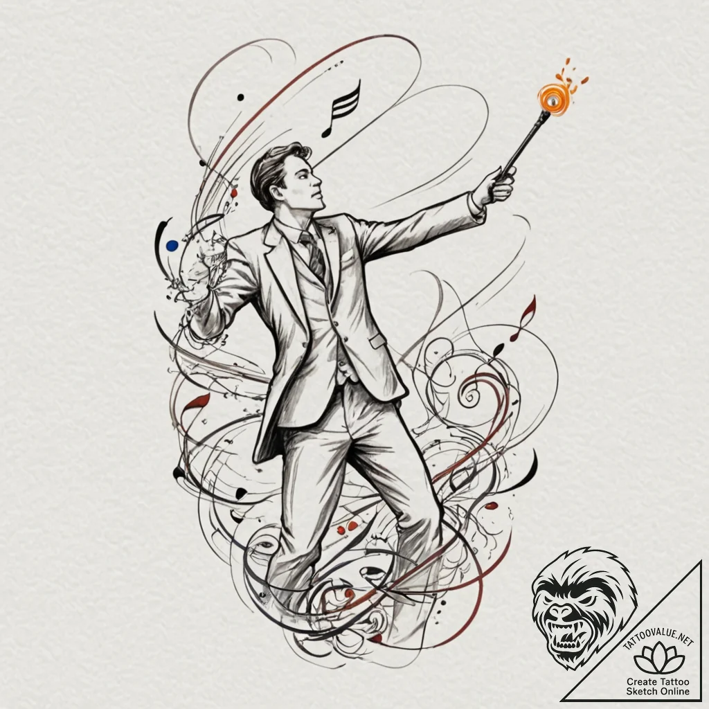 Tattoo sketch, orchestral conductor, energy b... - tattoo sketch (№1752443448_0, 13.07.2025 21:50) — tattoovalue.net