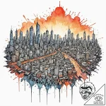 Tattoo sketch, eternal sunset over glitch cit… – tattoo sketch (№1752445217_0, 13.07.2025 22:20) — tattoovalue.net