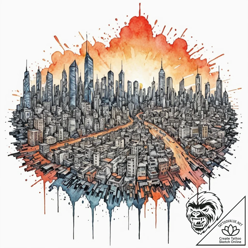 Tattoo sketch, eternal sunset over glitch cit... - tattoo sketch (№1752445217_0, 13.07.2025 22:20) — tattoovalue.net
