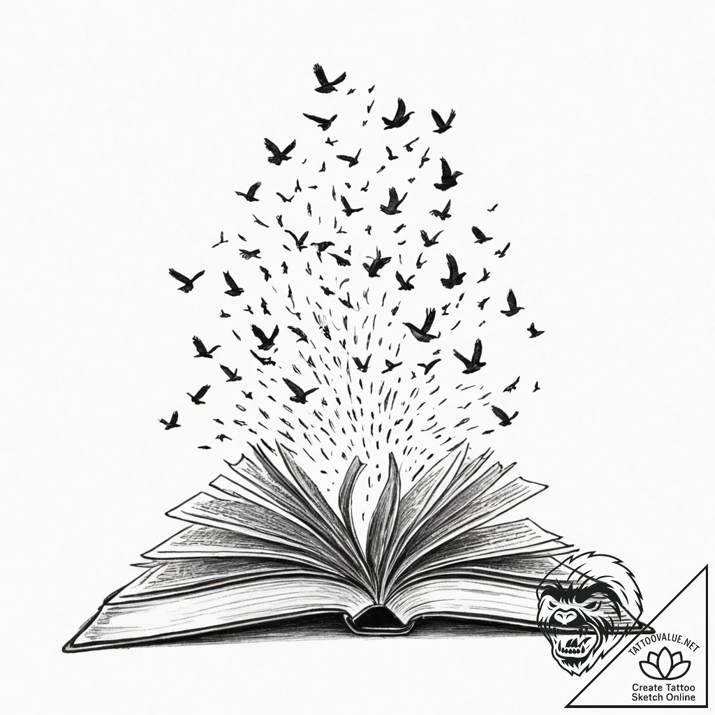 Tattoo sketch, book falling open, pages turni... - tattoo sketch (№1752445386_0, 13.07.2025 22:23) — tattoovalue.net