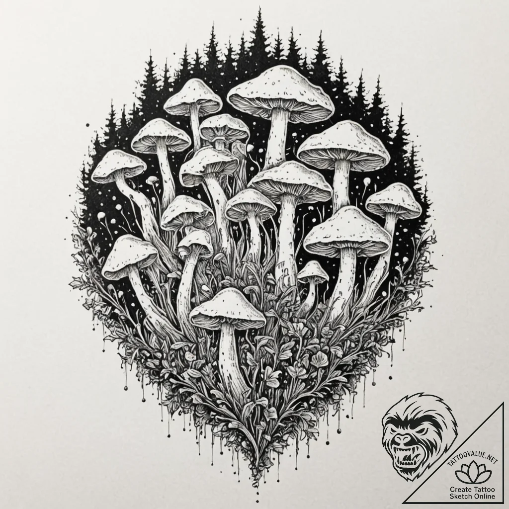 Tattoo sketch, mystical mushroom network, a c... - tattoo sketch (№1752446141_0, 13.07.2025 22:35) — tattoovalue.net