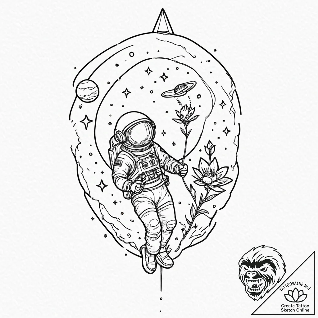 Tattoo sketch, tethered astronaut, cosmic blo... - tattoo sketch (№1752446975_0, 13.07.2025 22:49) — tattoovalue.net