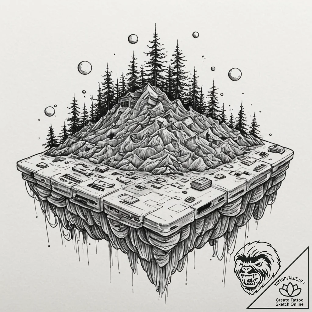 Tattoo sketch, drifting data island, a small,... - tattoo sketch (№1752447060_0, 13.07.2025 22:51) — tattoovalue.net