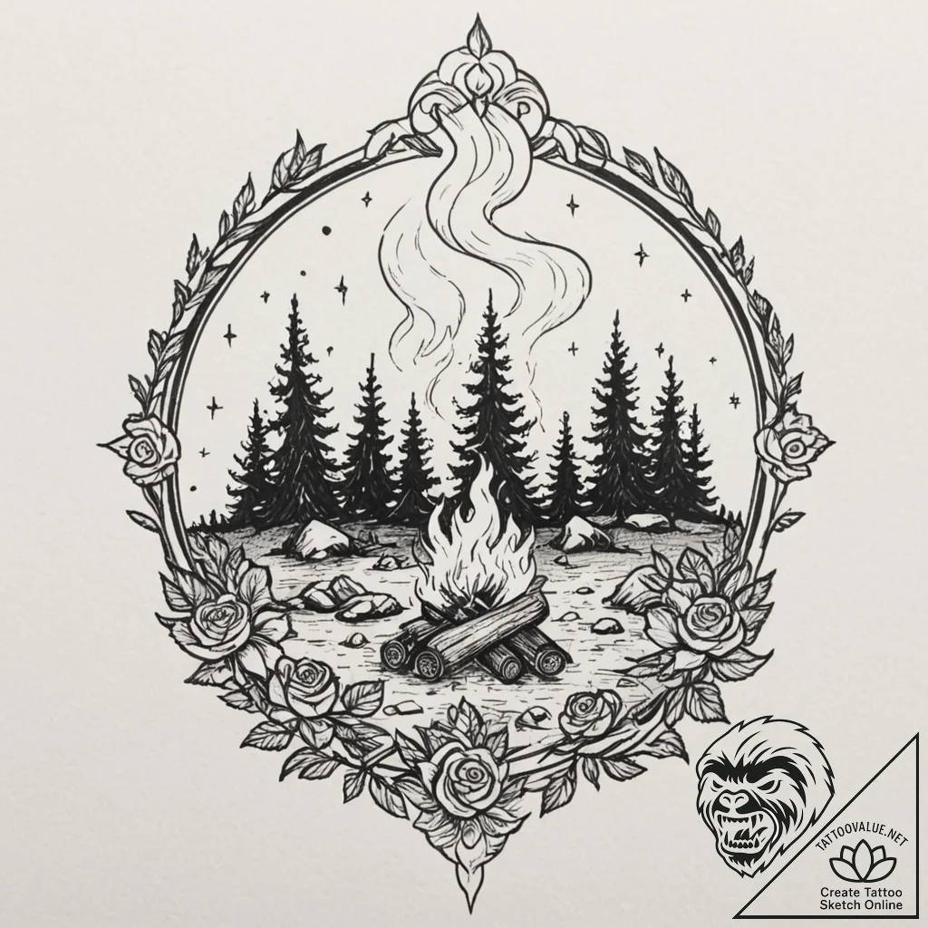 Tattoo sketch, nocturnal nomad's campfire (di... - tattoo sketch (№1752447887_0, 13.07.2025 23:04) — tattoovalue.net