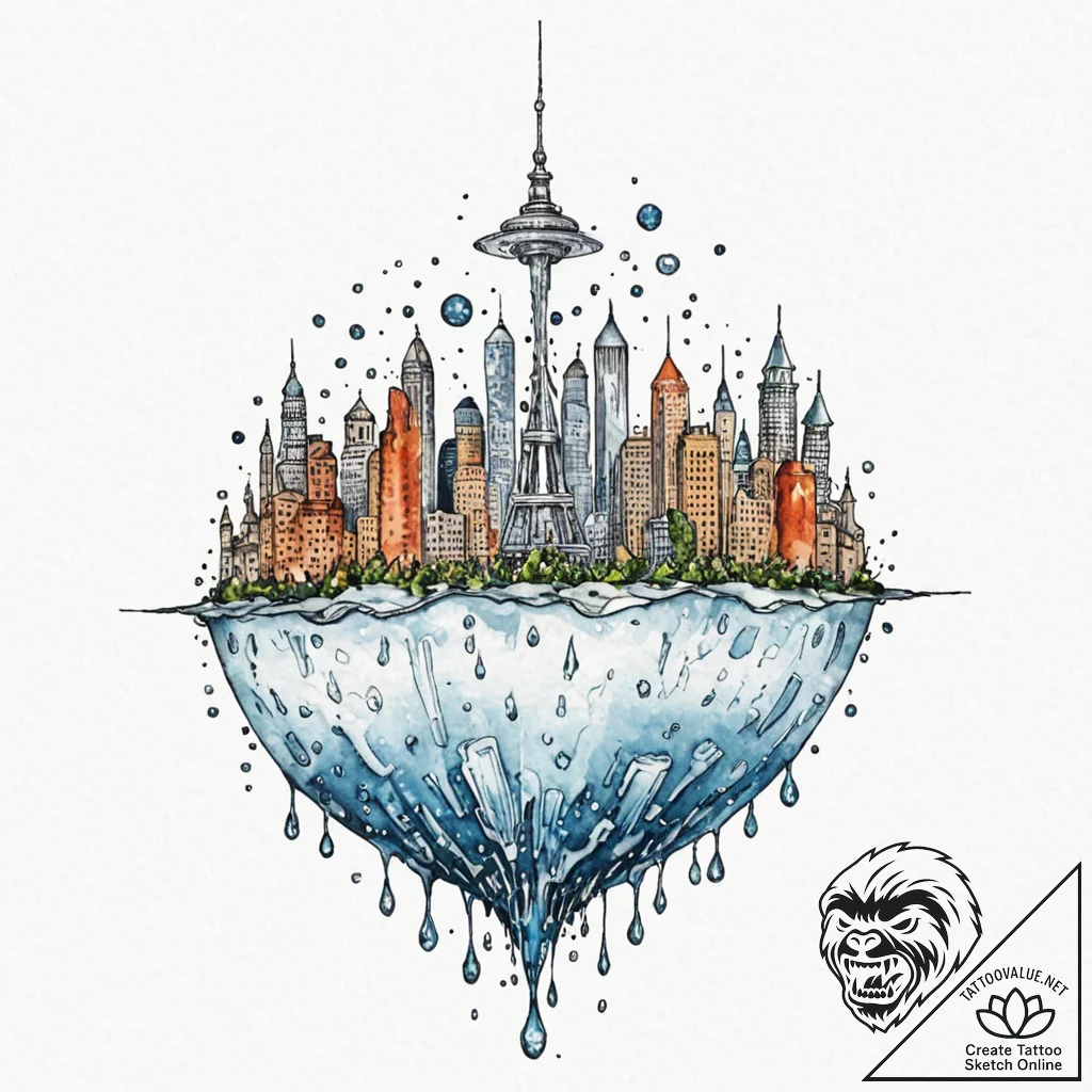 Tattoo sketch, distant city in a droplet, a s... - tattoo sketch (№1752448307_0, 13.07.2025 23:11) — tattoovalue.net