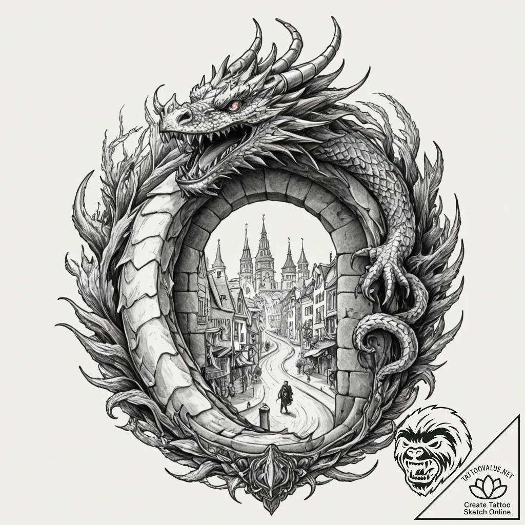 Tattoo sketch, dragon's gate to reality, a ro... - tattoo sketch (№1752448808_0, 13.07.2025 23:20) — tattoovalue.net