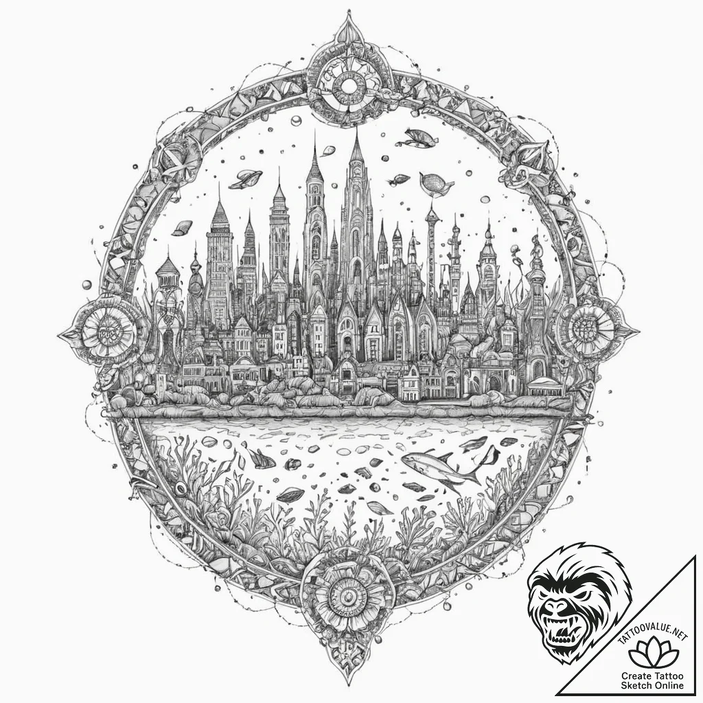 Tattoo sketch, undersea luminous city (bio-di... - tattoo sketch (№1752450650_0, 13.07.2025 23:50) — tattoovalue.net