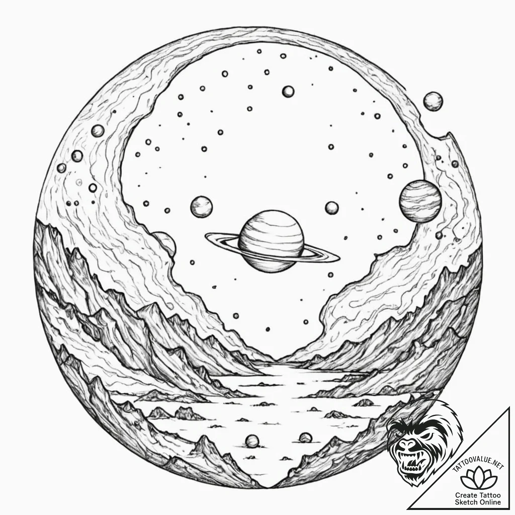 Tattoo sketch, portal-pocked planet, a styliz... - tattoo sketch (№1752450734_0, 13.07.2025 23:52) — tattoovalue.net