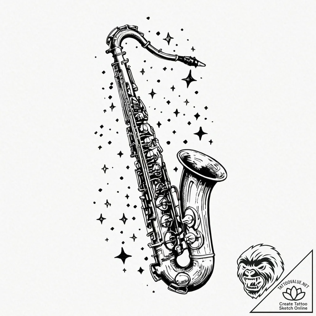 Tattoo sketch, jazz saxophone, cosmic notes,... - tattoo sketch (№1752451575_0, 14.07.2025 00:06) — tattoovalue.net