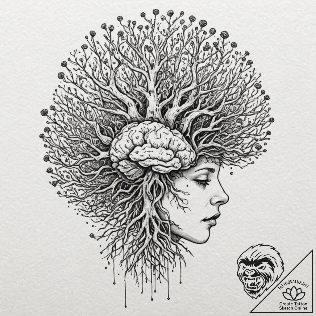 Tattoo sketch, brain with roots growing out o... - tattoo sketch (№1752452747_0, 14.07.2025 00:25) — tattoovalue.net