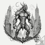 Tattoo sketch, kaiju cityscape guardian, a ma… – tattoo sketch (№1752454085_0, 14.07.2025 00:48) — tattoovalue.net