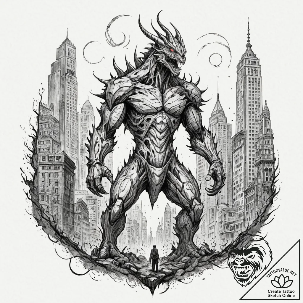 Tattoo sketch, kaiju cityscape guardian, a ma... - tattoo sketch (№1752454085_0, 14.07.2025 00:48) — tattoovalue.net